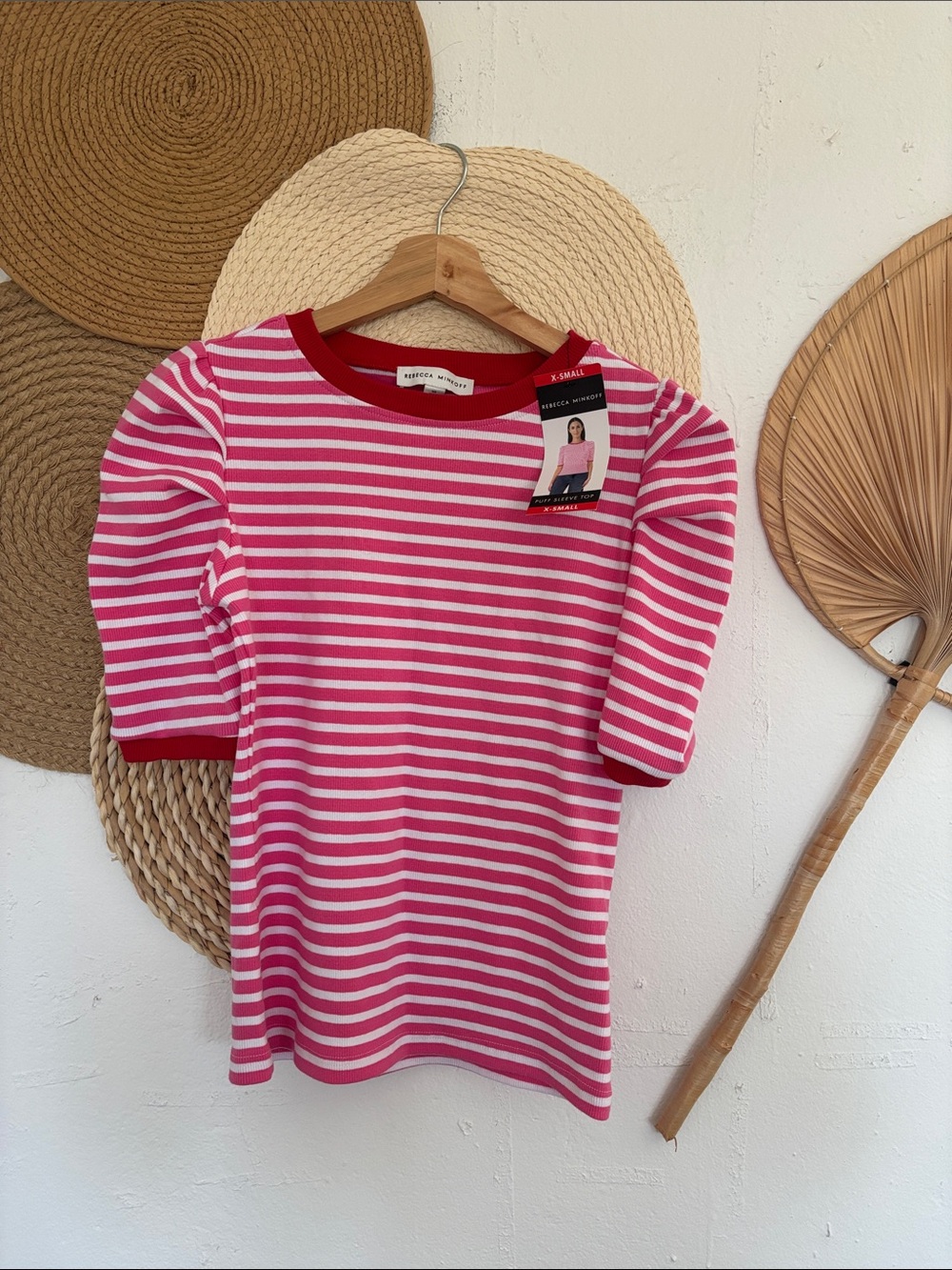 Rebecca Minkoff Pink & White Striped Short Sleeve Tee with Red Trim